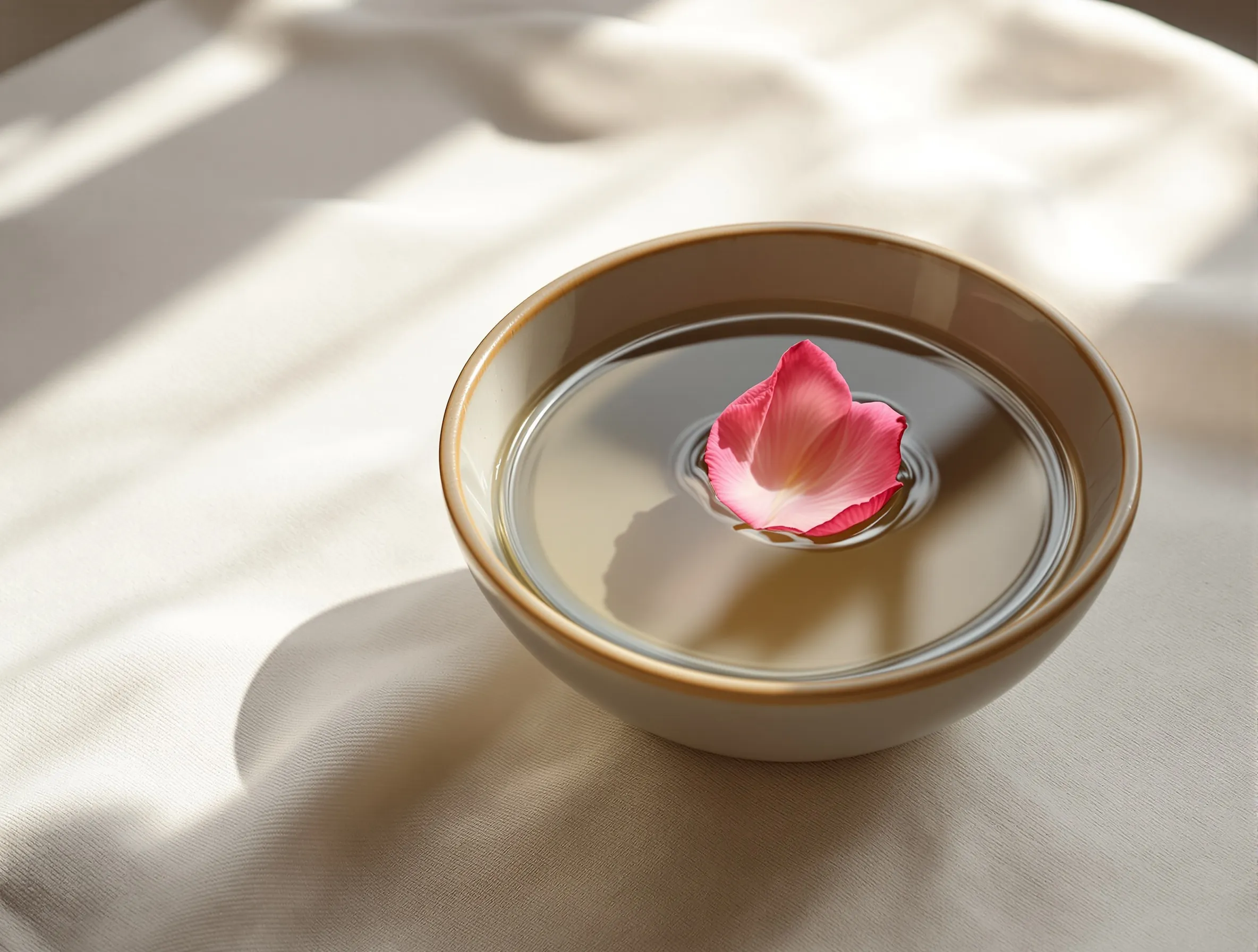 Ceramic bowl with floating rose petal on ivory linen