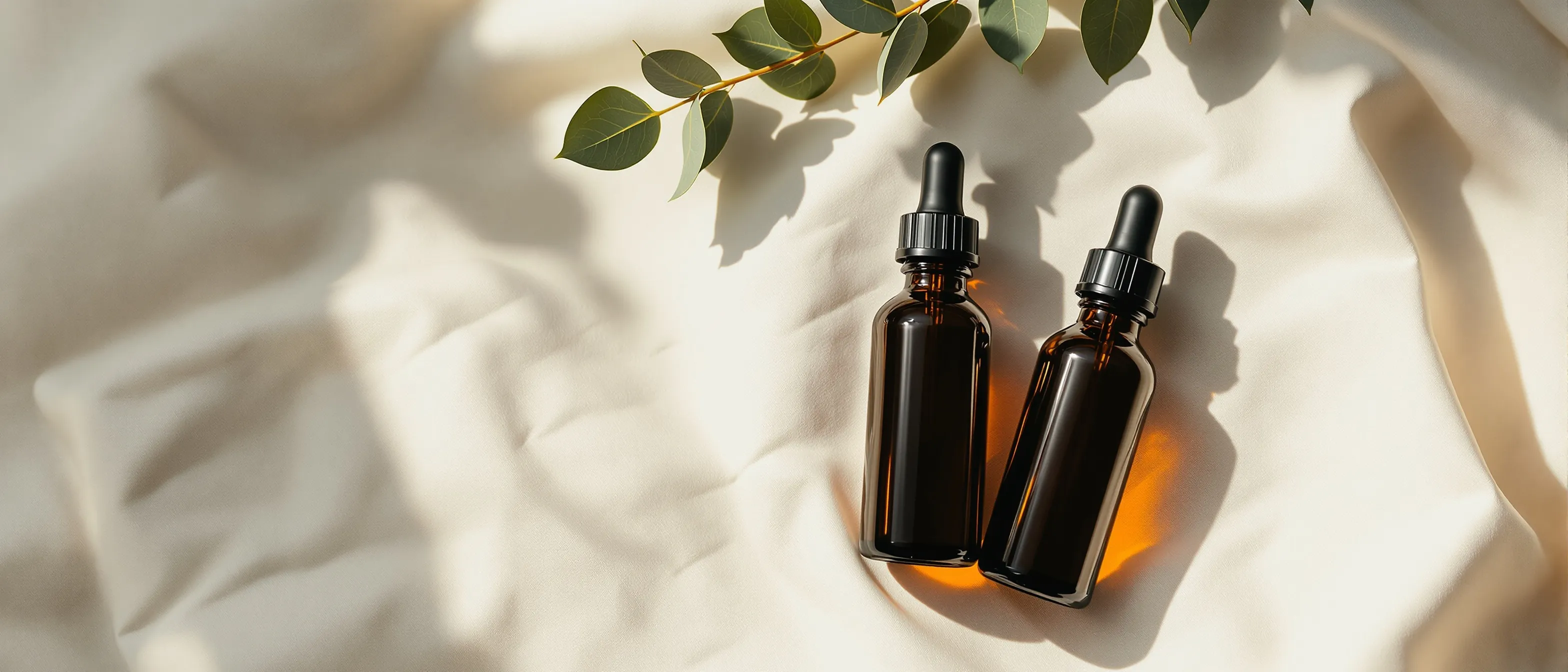 Apothecary flatlay of unbranded amber glass serum bottles on linen