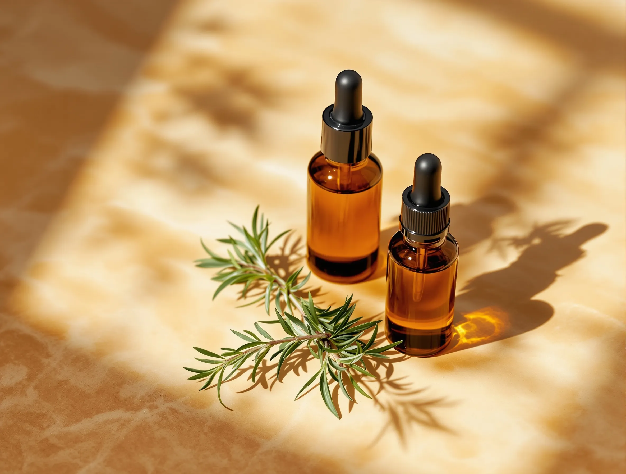 Three amber glass serum bottles on travertine