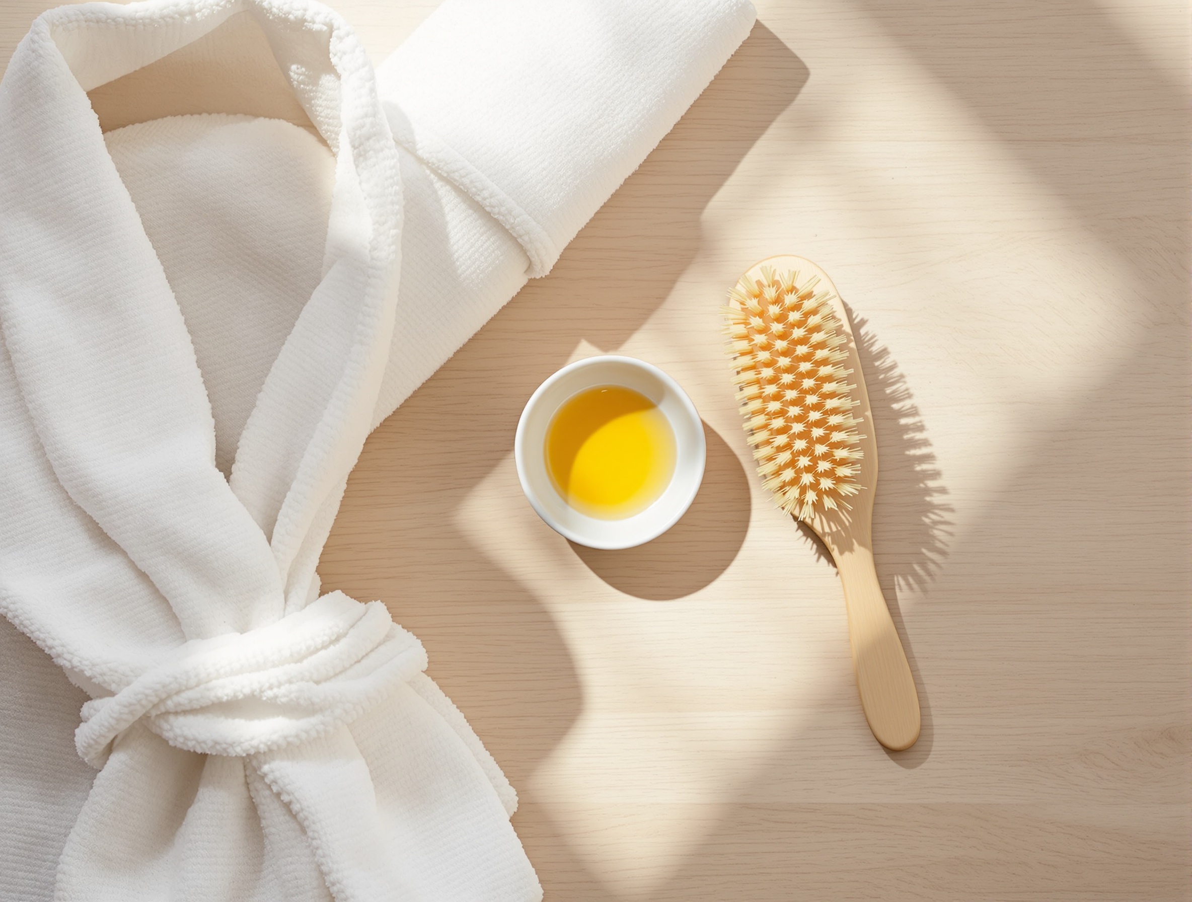 Rolled white waffle robe with dry-brush and ceramic oil dish on pale oak
