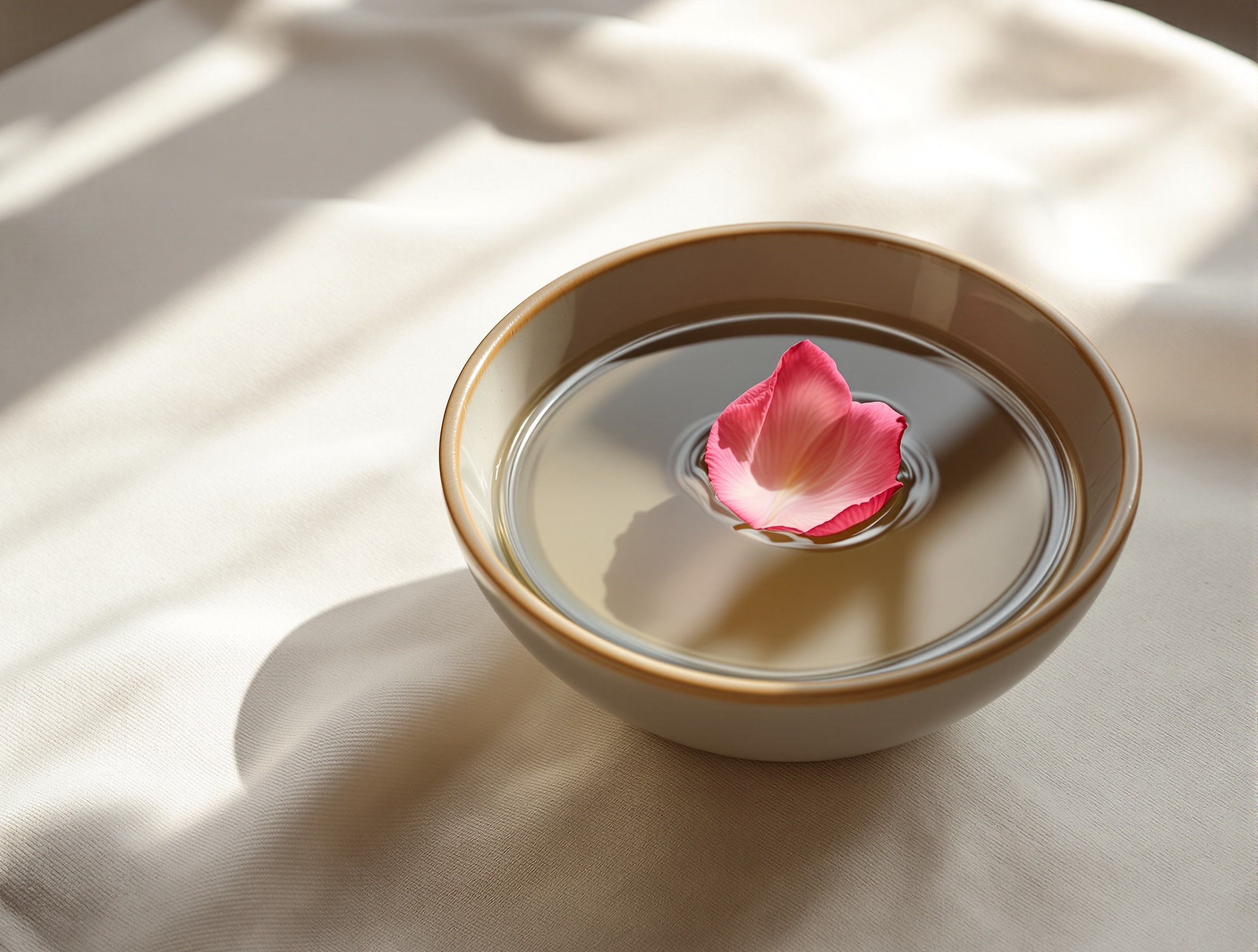 Ceramic bowl with floating rose petal on ivory linen