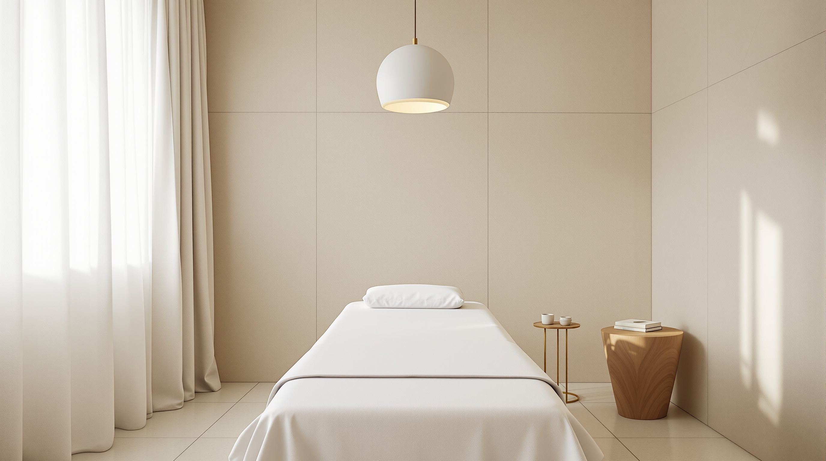 An empty treatment room at Amber and Oak with a single linen-draped bed and soft morning light