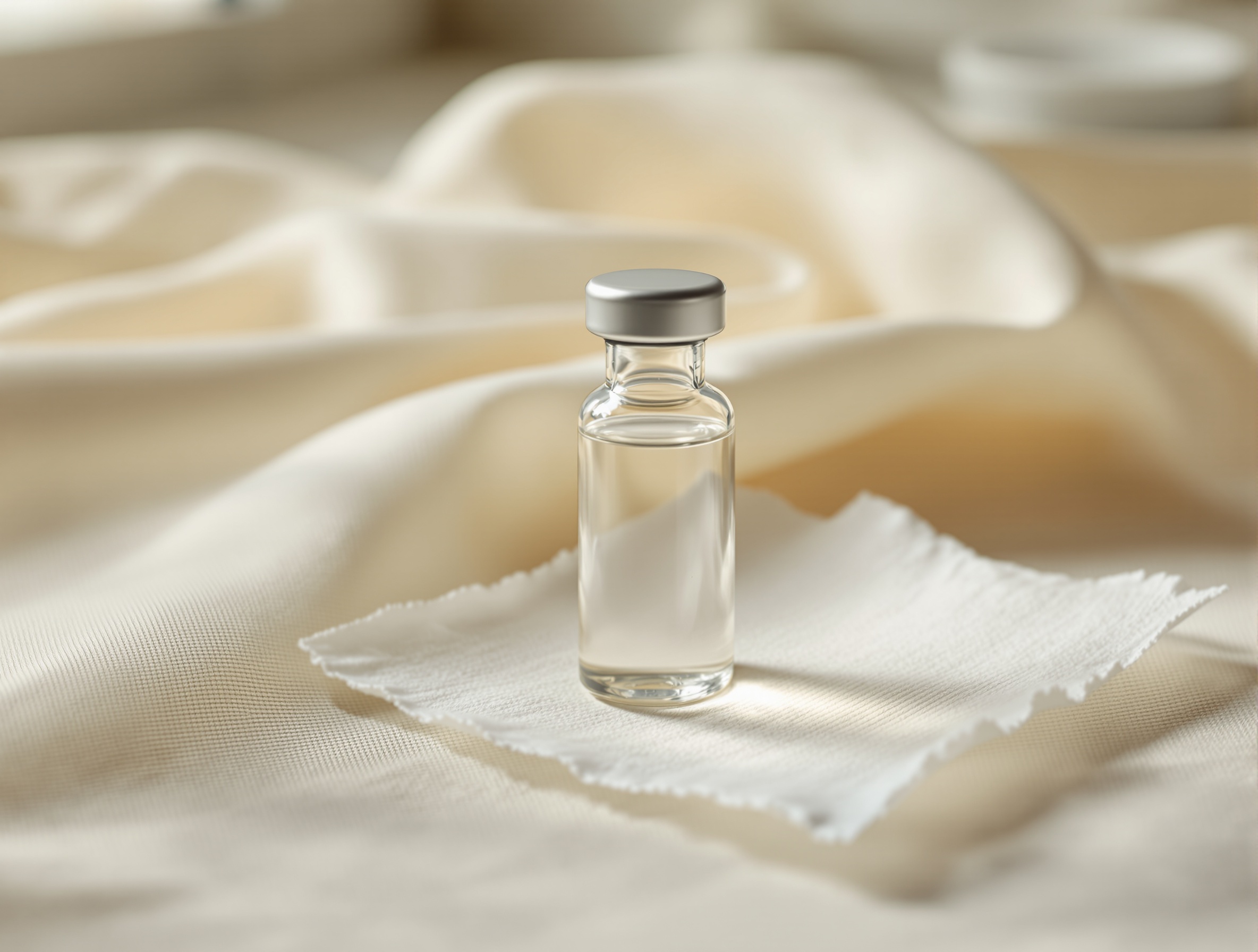 Single clear 10ml medical glass vial on folded pale linen, with gauze