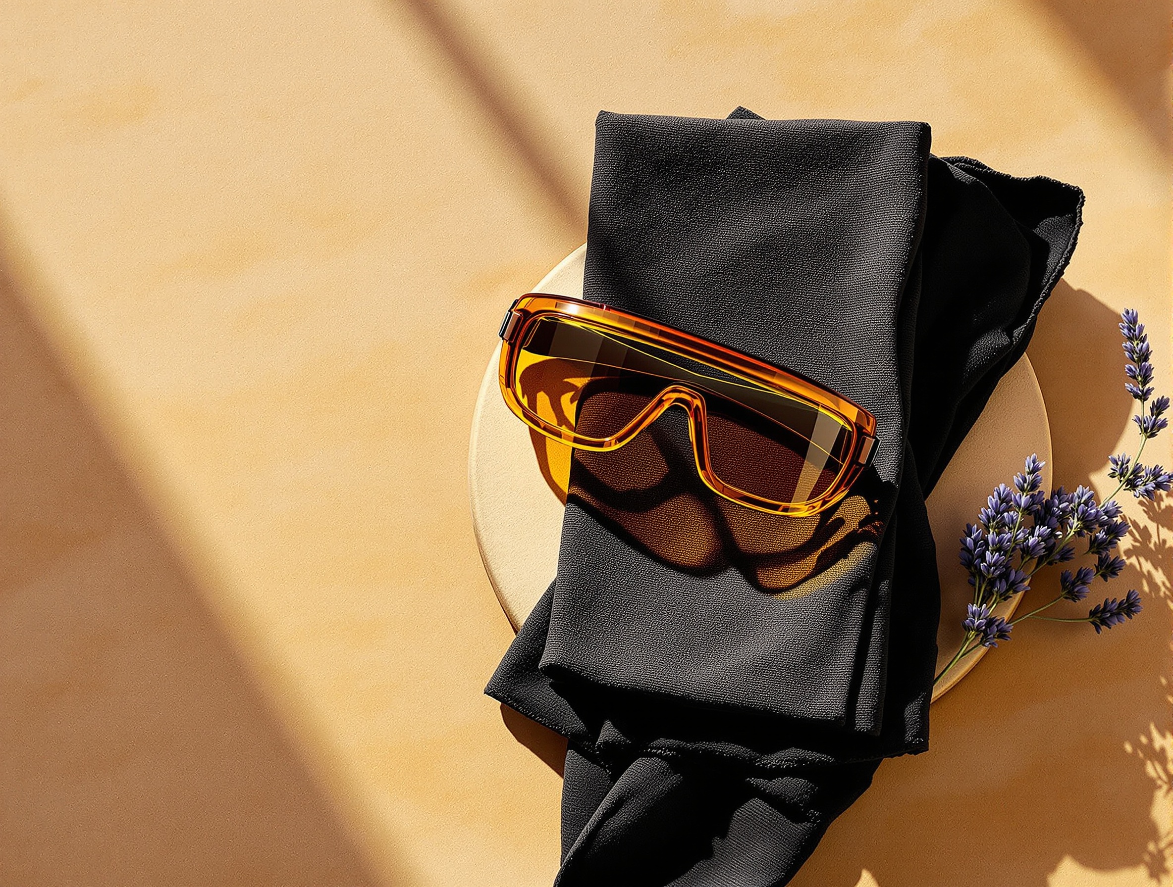 Amber laser safety goggles on a warm stone slab with folded black cloth and lavender