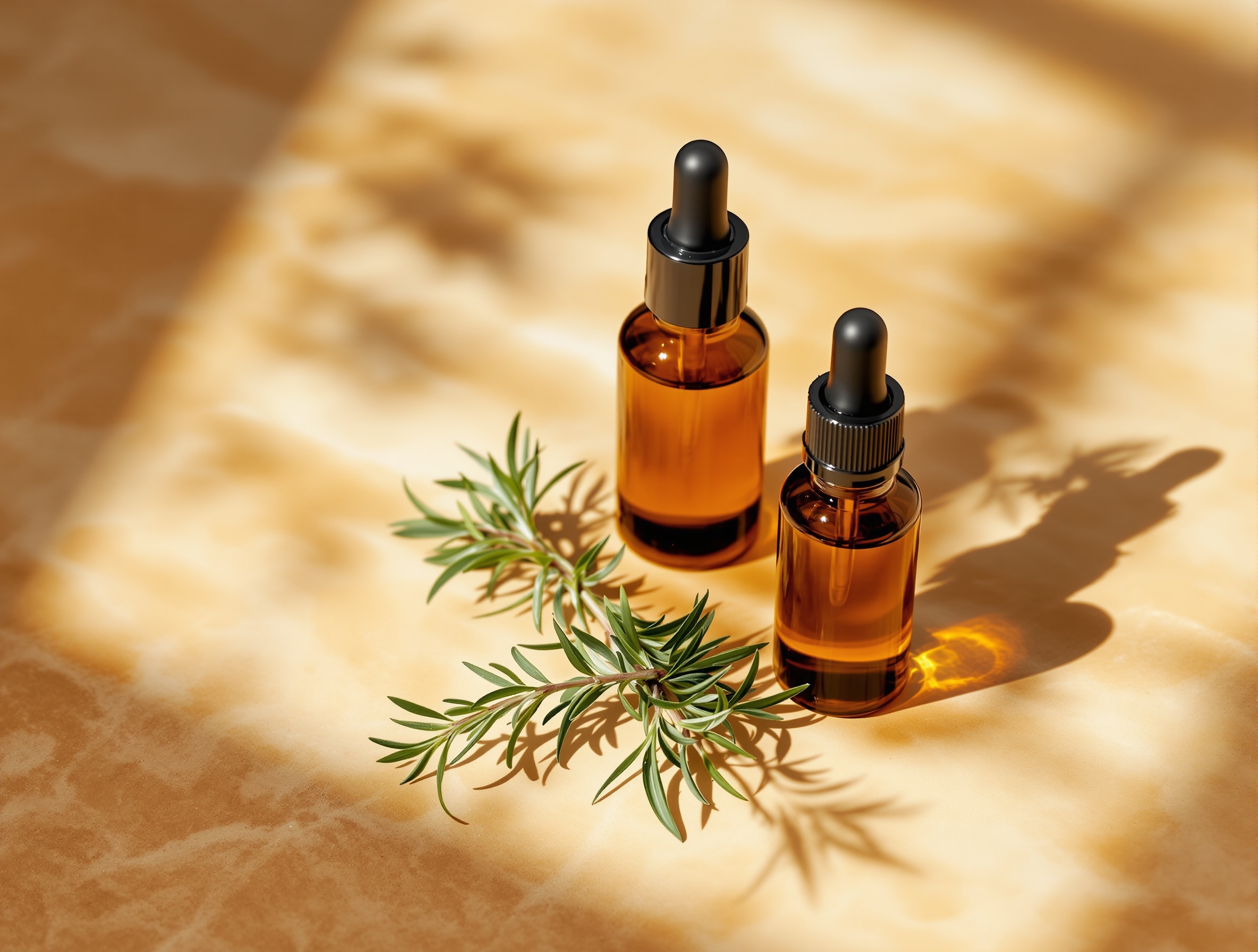 Three amber glass serum bottles on travertine