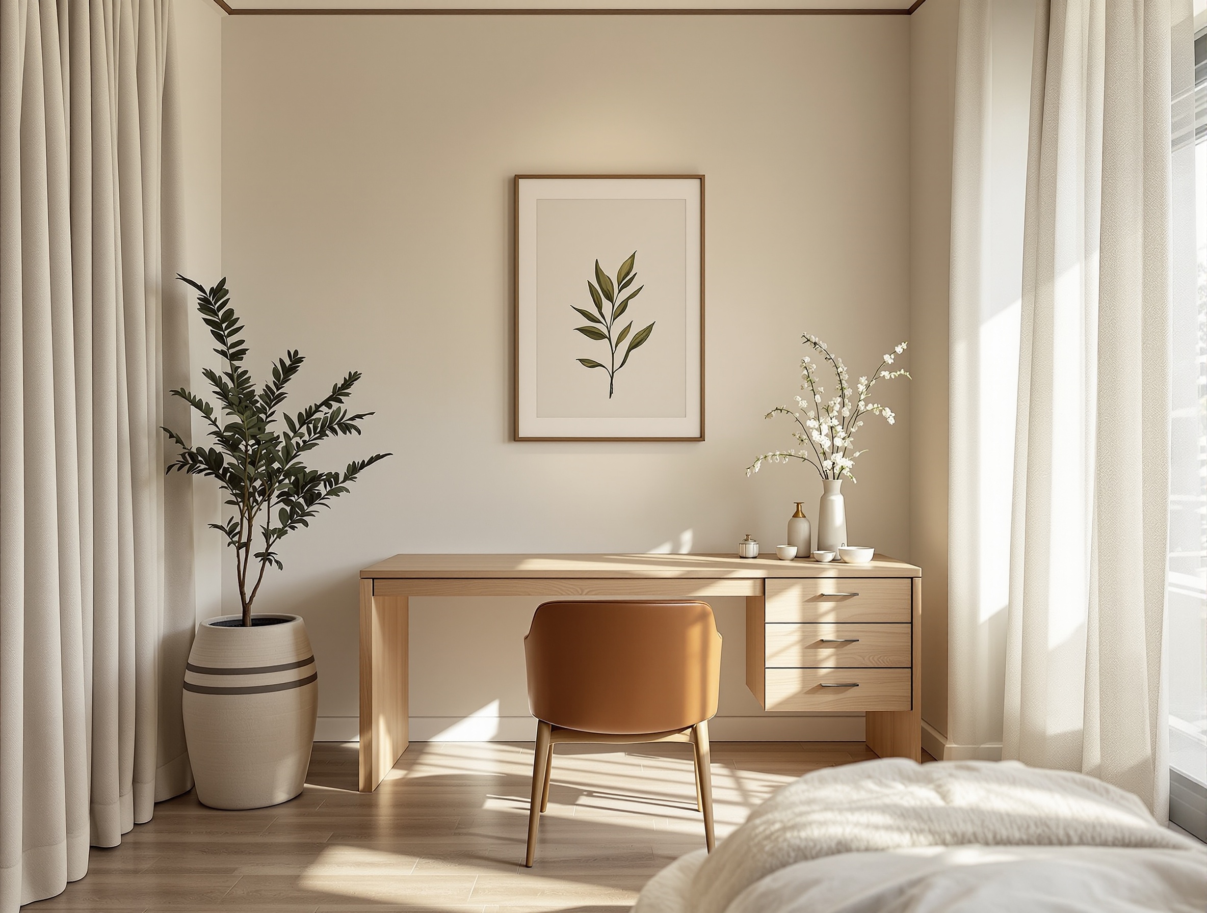 Consultation room with oak desk and botanical illustration