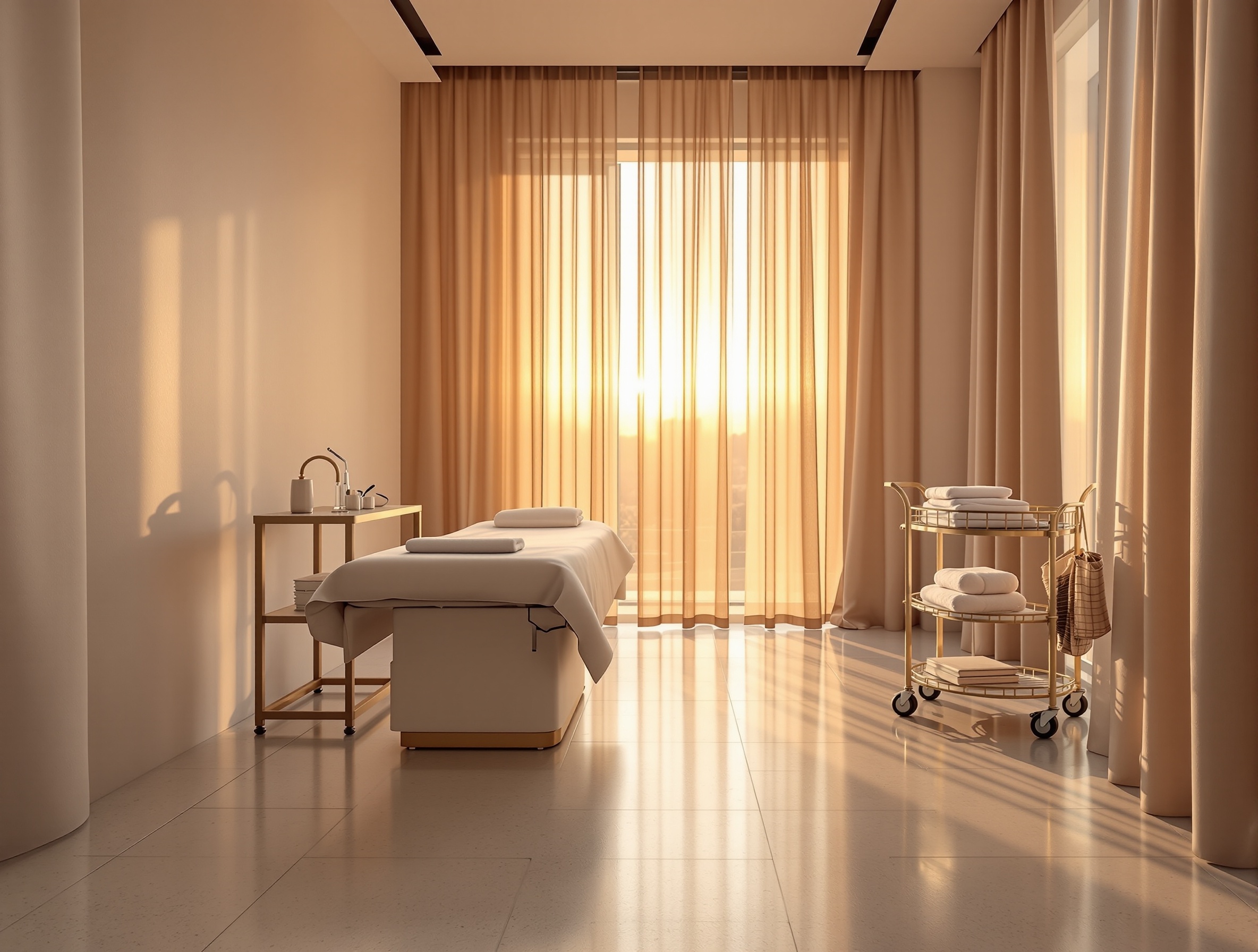 An empty facial treatment room with morning light filtering through a linen curtain